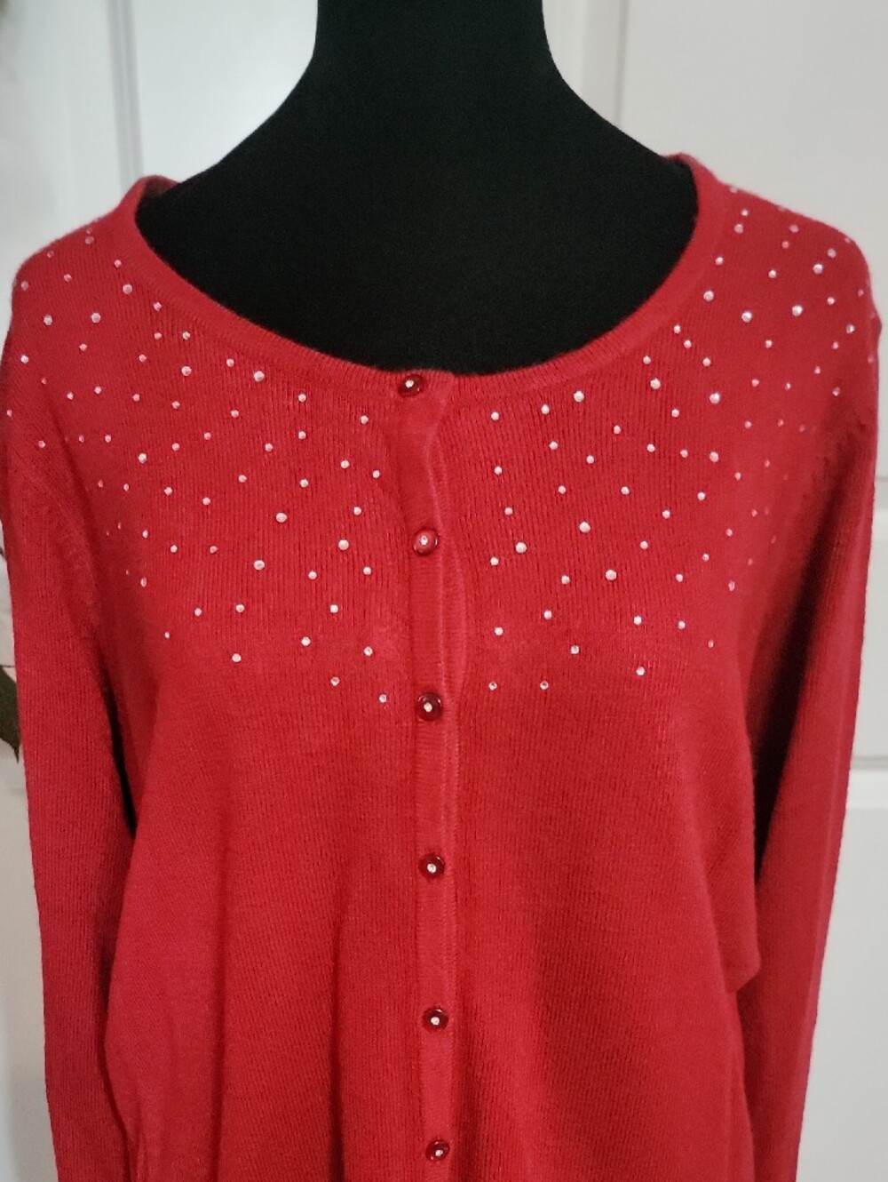 Laura Scott Red Rhinestone-Embellished Button Cardigan - Picture 2 of 5